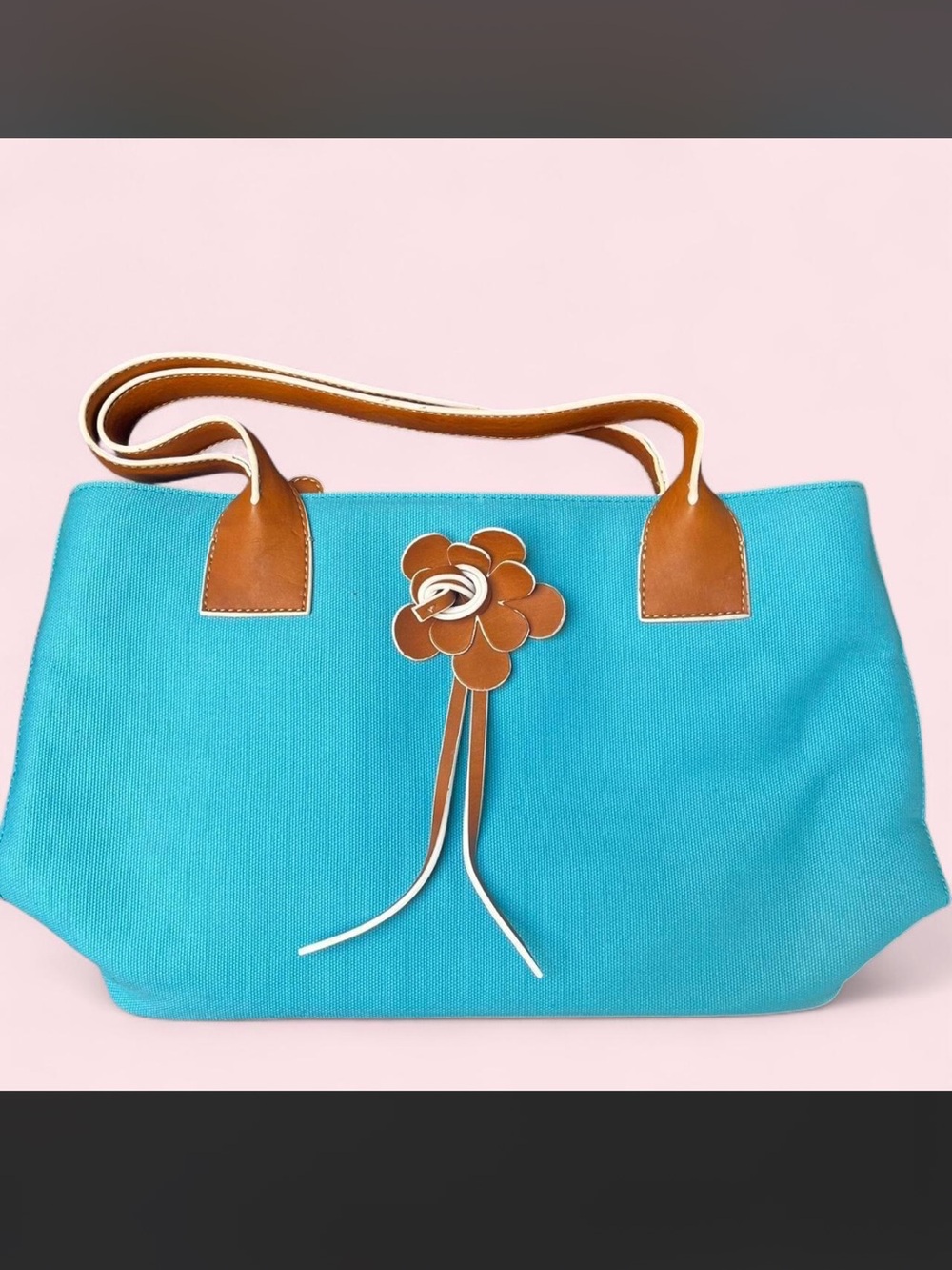 VINTAGE NWOT MAXX New York Turquoise Tote with Brown Trim and Floral Accent